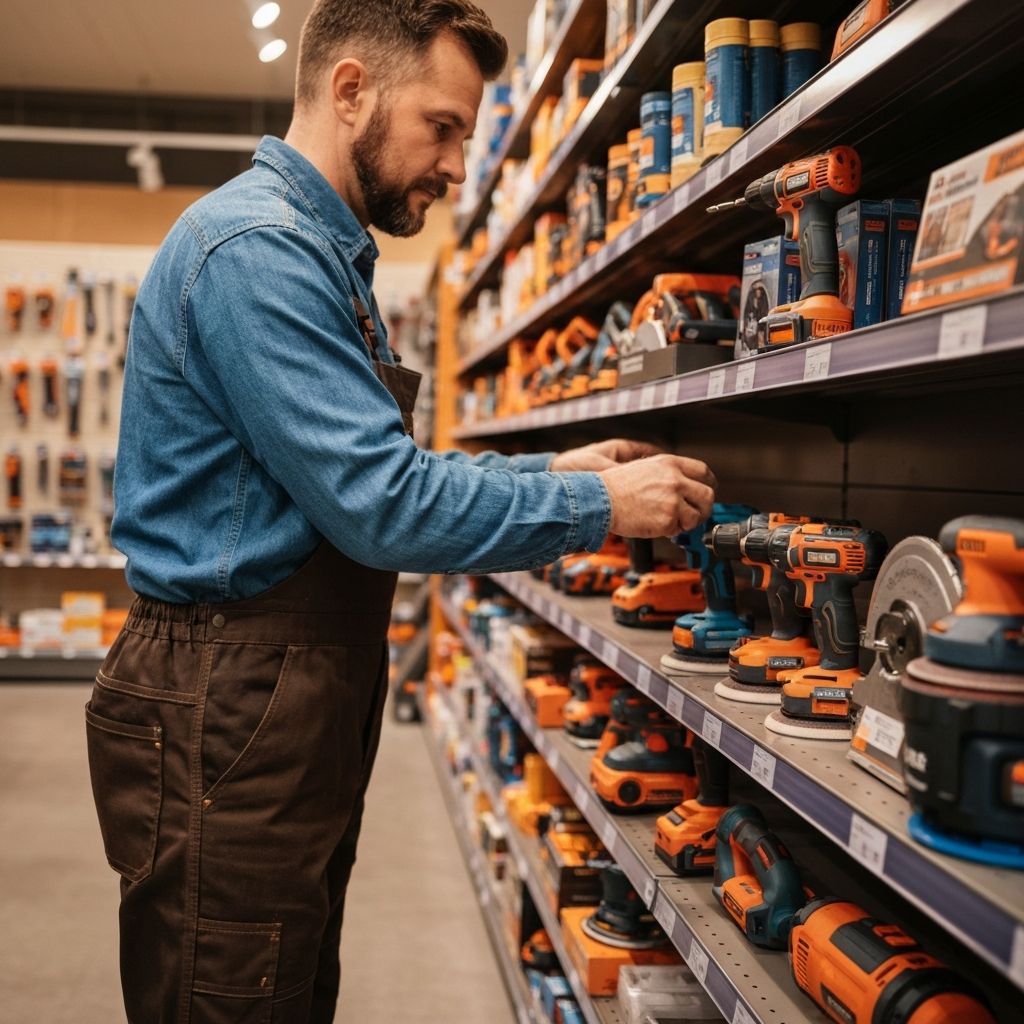 Worker stocking shelves with power tools